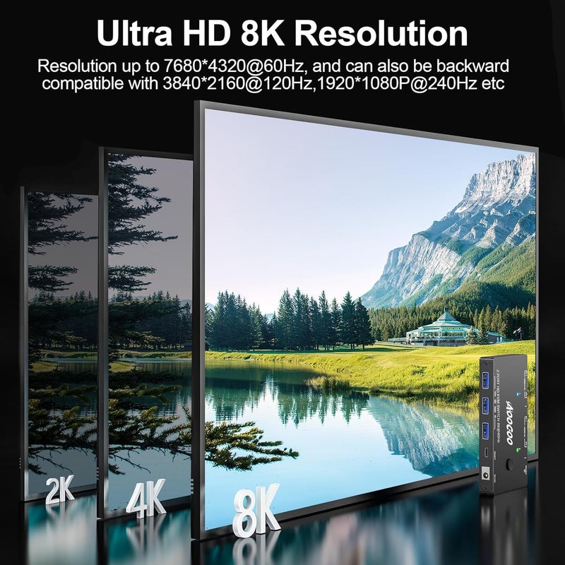 AOOCOO مفتاح KVM HDMI 1 شاشات 2 كمبيوتر 8K@60Hz/4K@120Hz مفاتيح KVM مع منفذ USB 3.0، جهاز تحكم سلكي، محول طاقة وكابلات USB3.0 متضمنة - Image 3